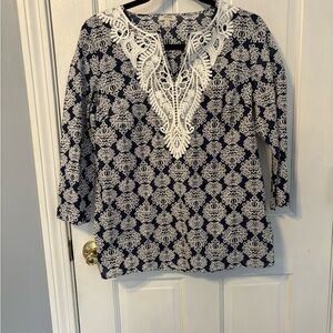 Talbots Elegant Blue and White Lace Tunic